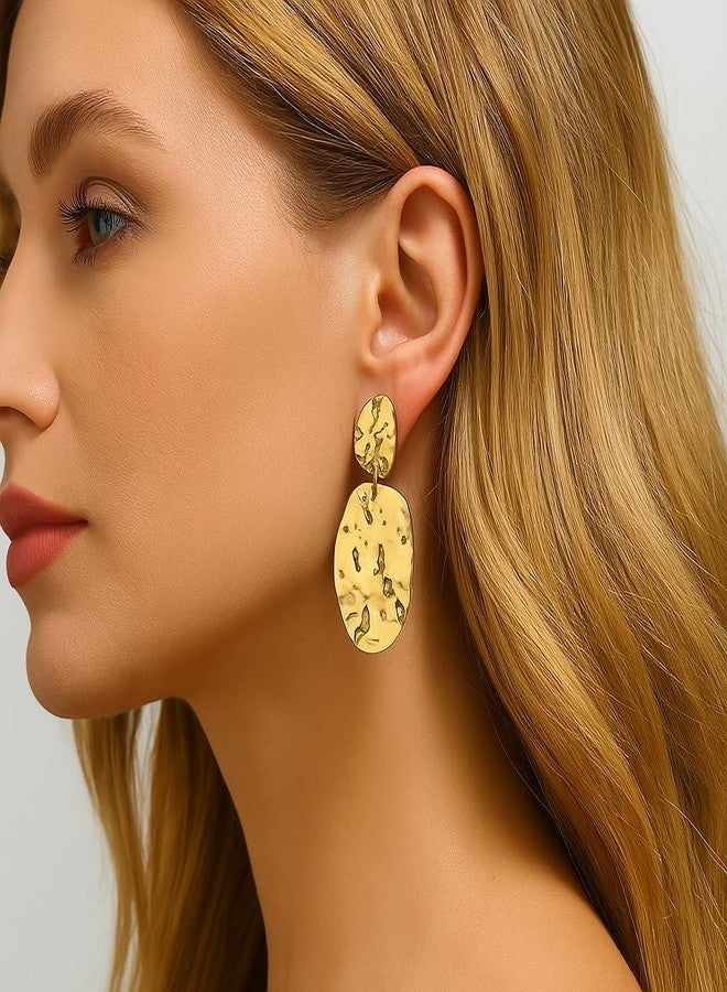 ZENCHEER Chunky Irregular Geometry Clip On Earrings for Women, Matte Gold/Silver Retro Oval Dangle Drop Clip Earrings Non Pierced Clips Stetement Jewelry Gifts (Gold) - Image 2